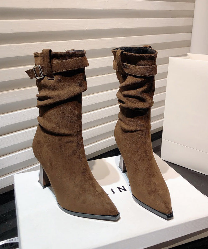 Khaki Wrinkled Splicing Suede Chunky Boots Pointed Toe