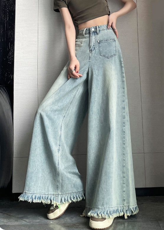 Light Blue Button Denim Wide Leg Pants Tasseled