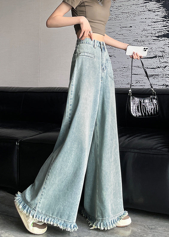 Light Blue Button Denim Wide Leg Pants Tasseled