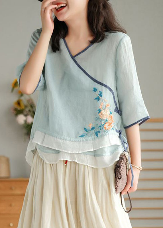 Light Blue O Neck Asymmetrical Lace Up  Linen Top Spring