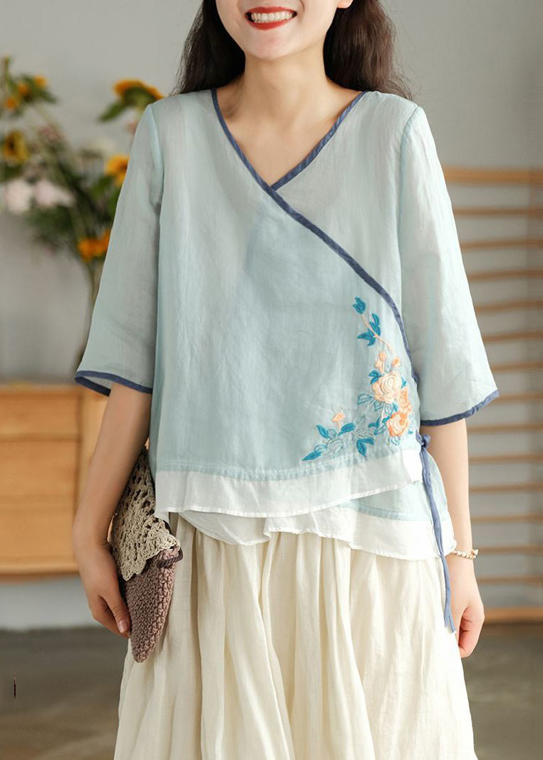 Light Blue O Neck Asymmetrical Lace Up  Linen Top Spring