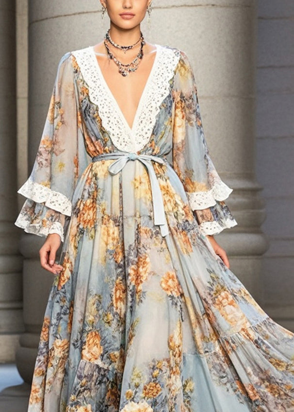 Light Blue Patchwork Lace Chiffon Dress Tie Waist Print Fall