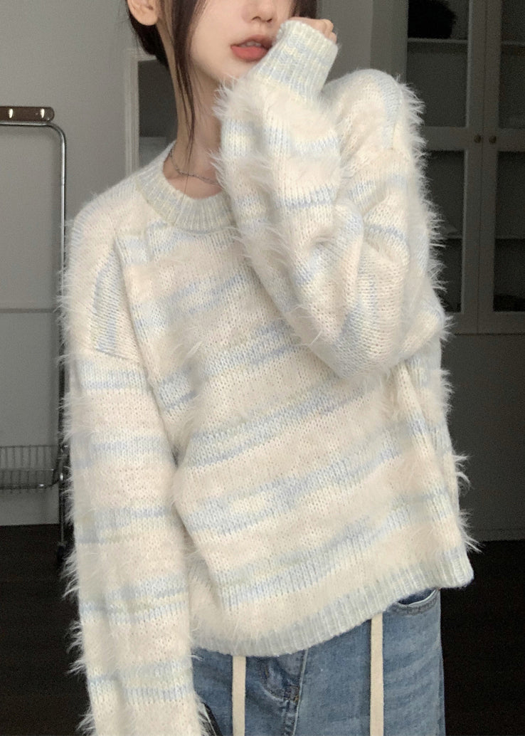 Light Blue Striped Cozy Mink Velvet Sweaters O Neck Spring