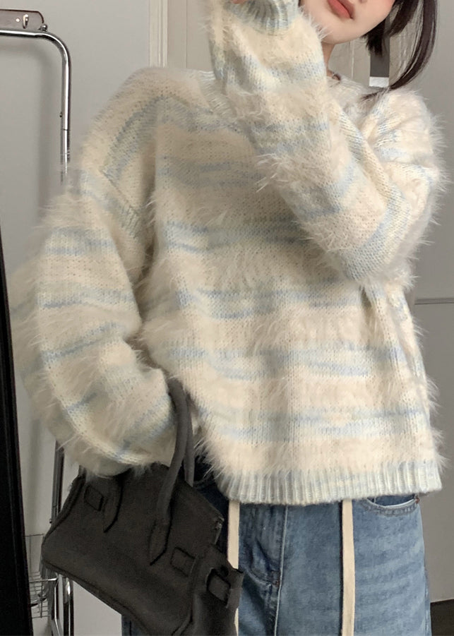 Light Blue Striped Cozy Mink Velvet Sweaters O Neck Spring