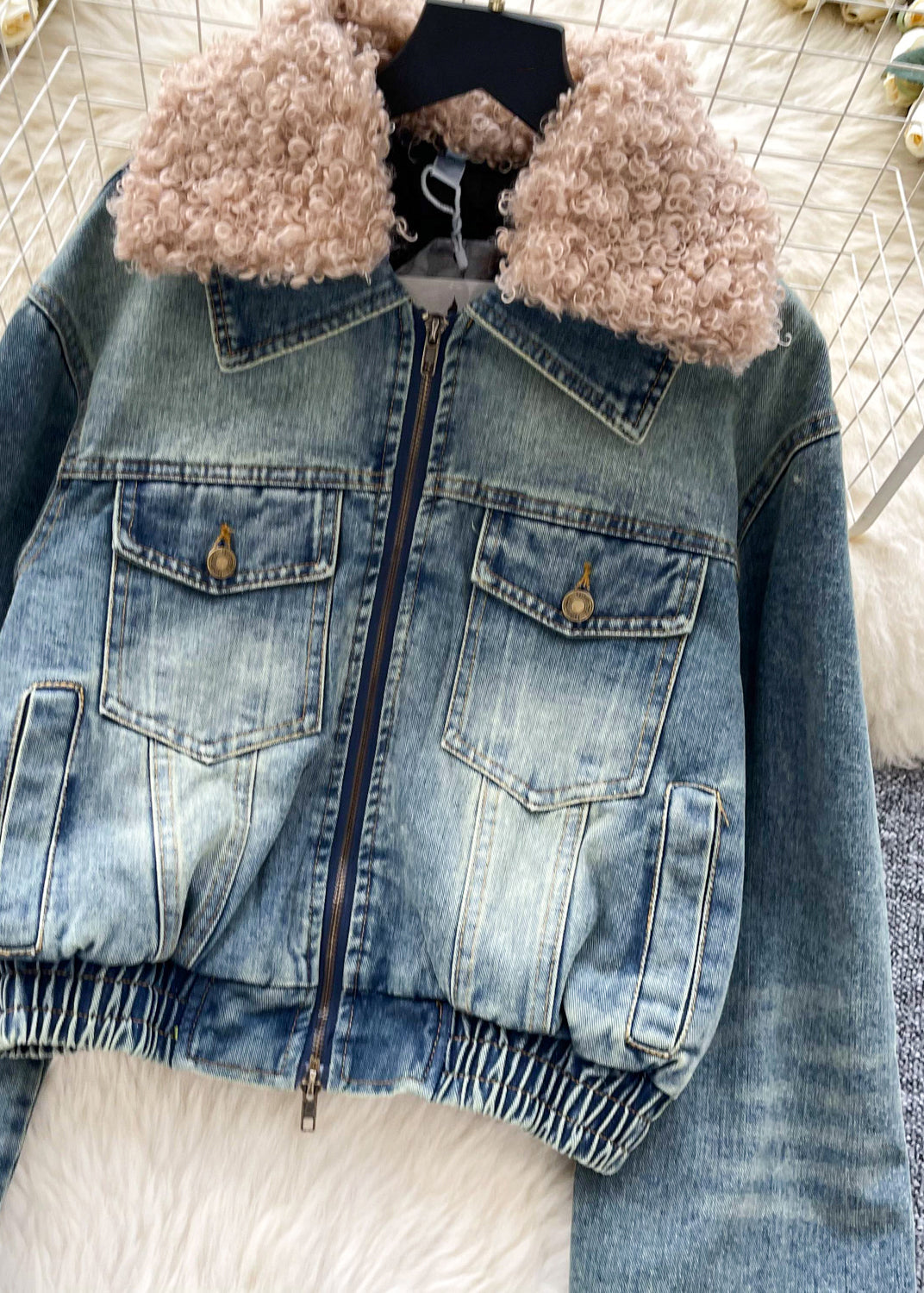 Light Blue Zippered Cotton Filled Denim Coat Fur Collar Winter