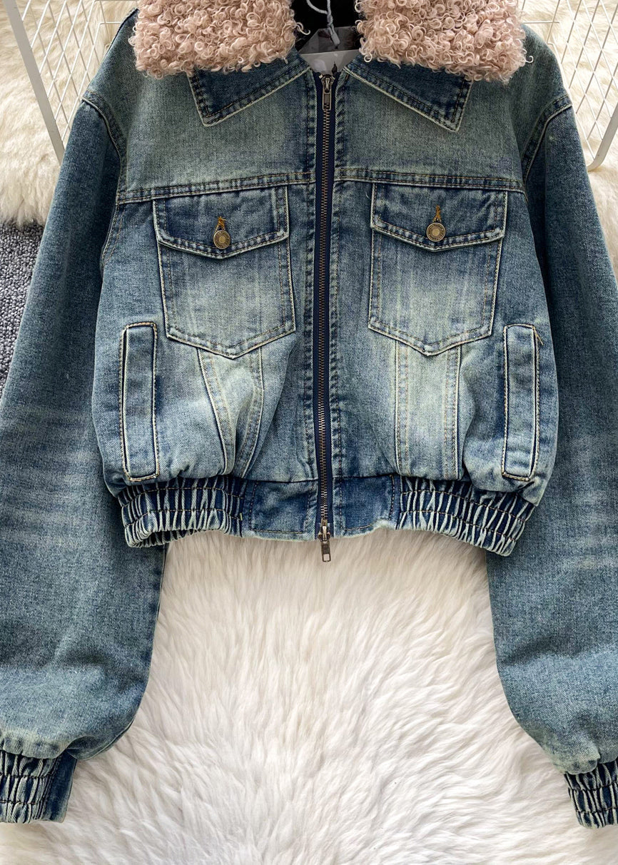 Light Blue Zippered Cotton Filled Denim Coat Fur Collar Winter