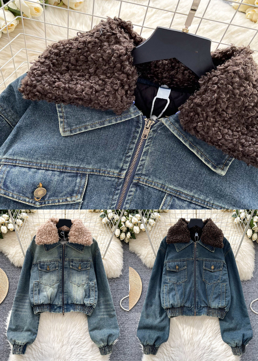 Light Blue Zippered Cotton Filled Denim Coat Fur Collar Winter