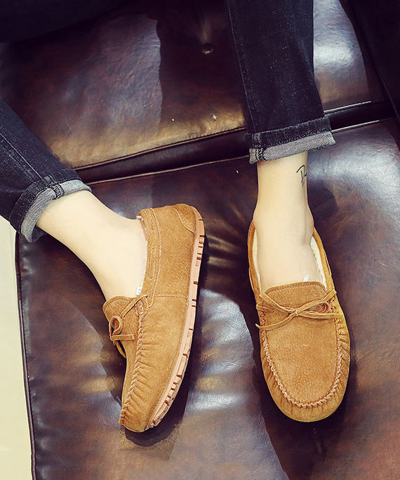 Light Brown Penny Loafers Splicing Fuzzy Wool Lined