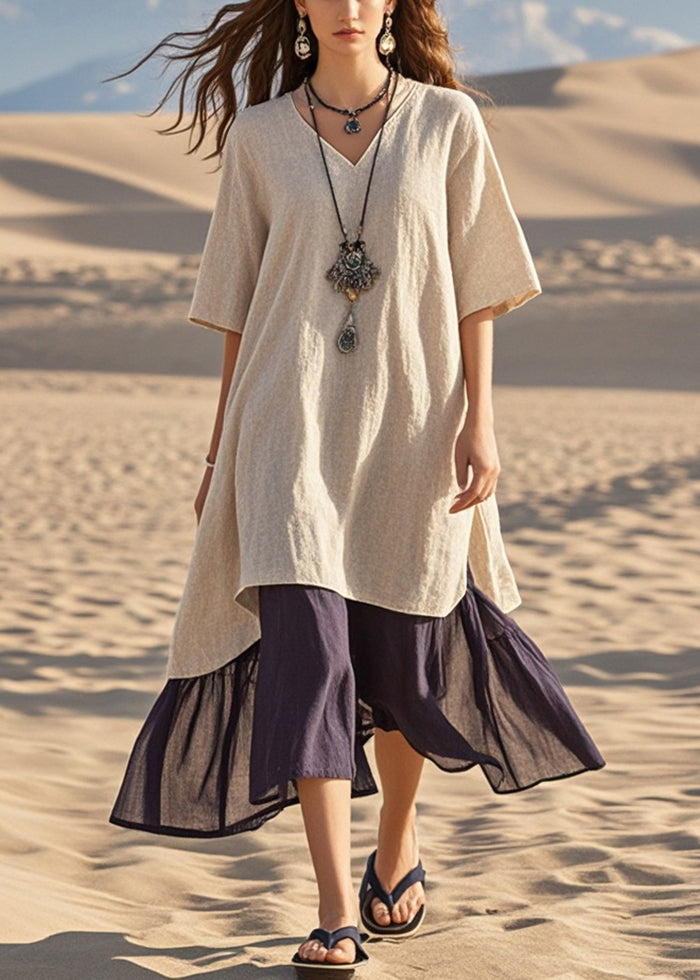 Light Camel Patchwork Cotton Vacation Dresses Oversized Summer