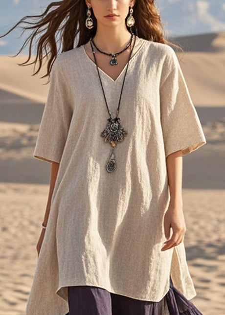 Light Camel Patchwork Cotton Vacation Dresses Oversized Summer