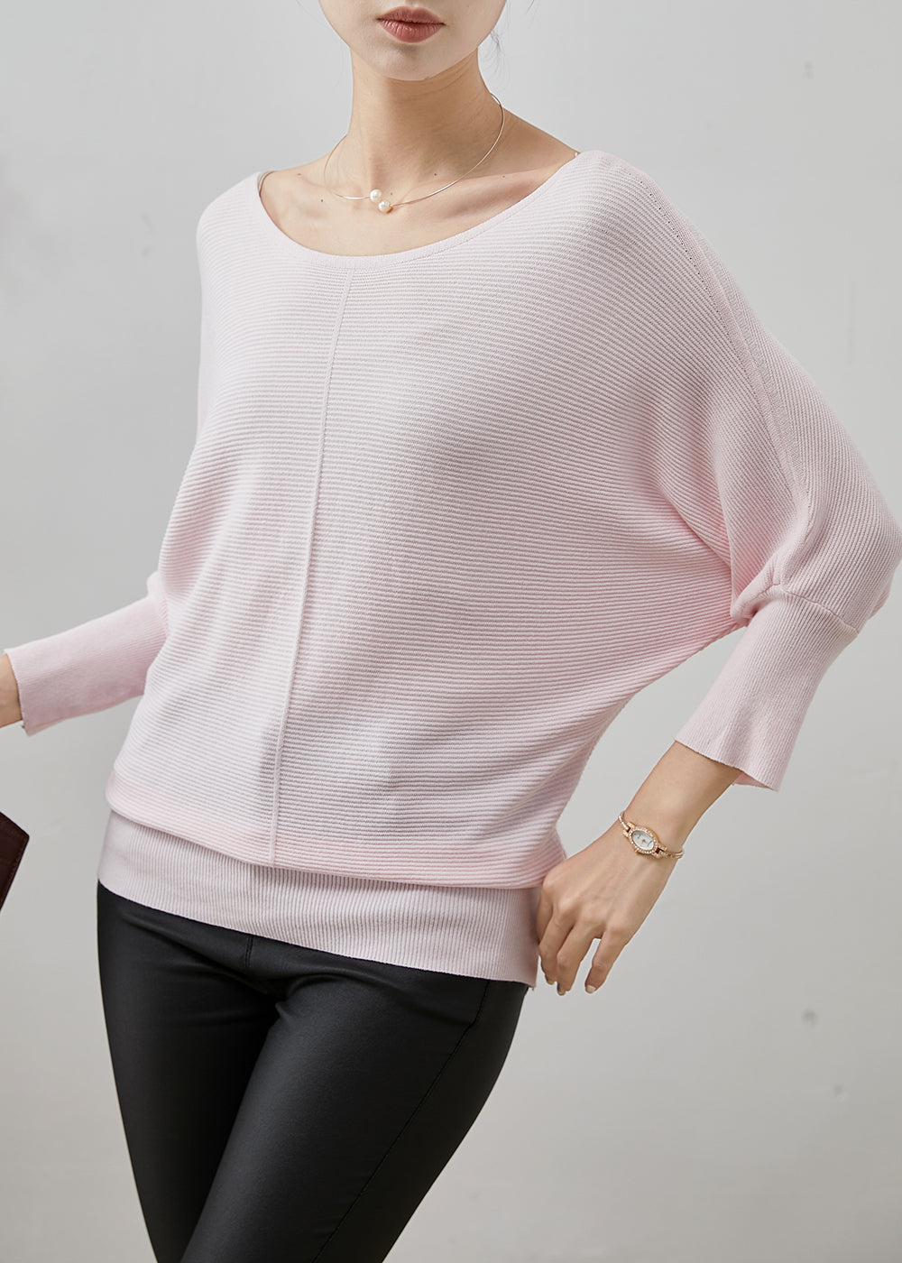 Light Pink Loose Knit Shirt Tops O-Neck Batwing Sleeve