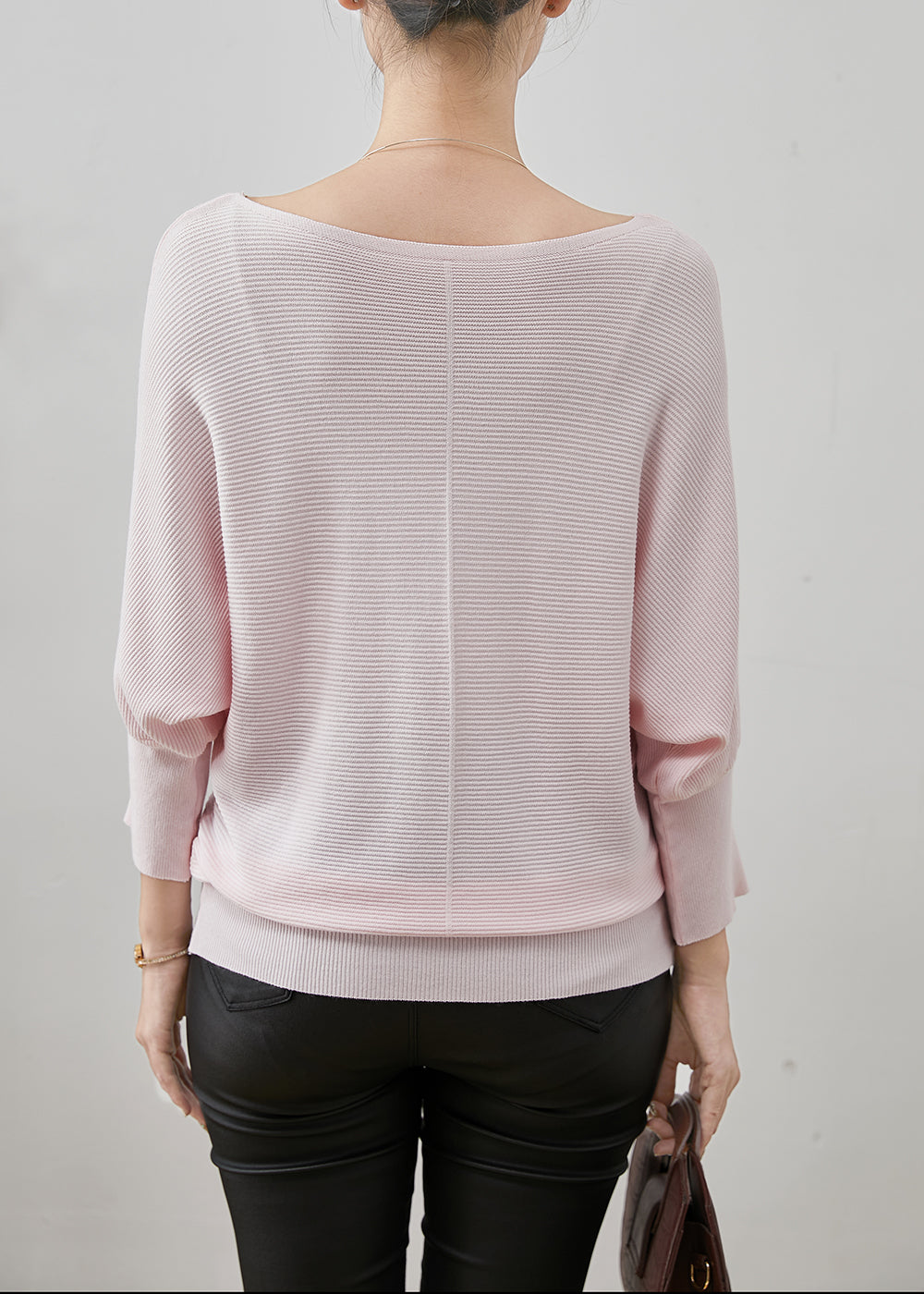 Light Pink Loose Knit Shirt Tops O-Neck Batwing Sleeve