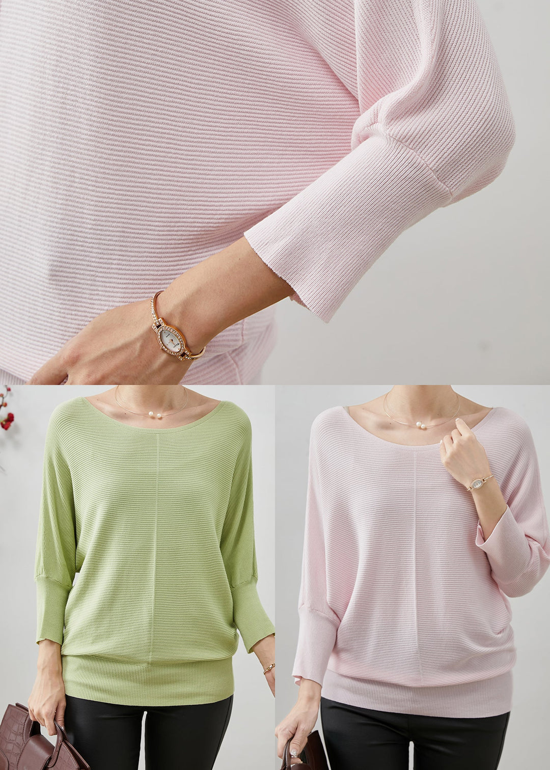 Light Pink Loose Knit Shirt Tops O-Neck Batwing Sleeve