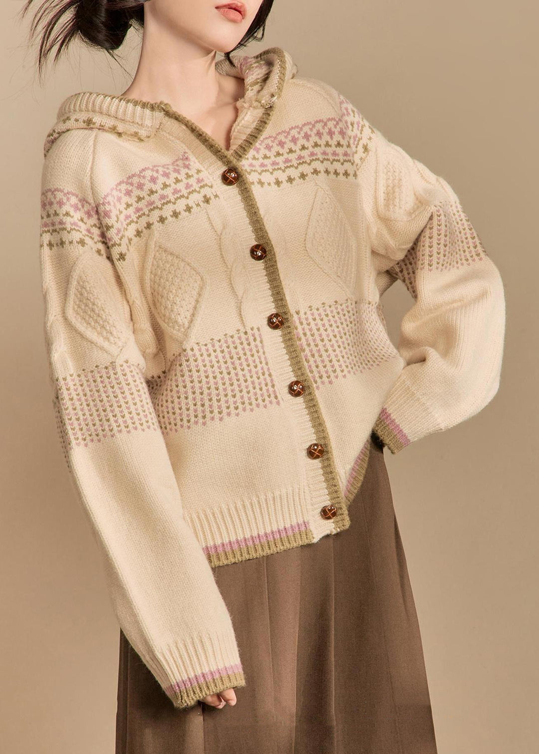 Loose Apricot Hooded Button Knit Coats Winter