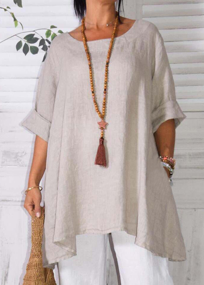 Loose Apricot O Neck Pockets Linen T Shirts Half Sleeve