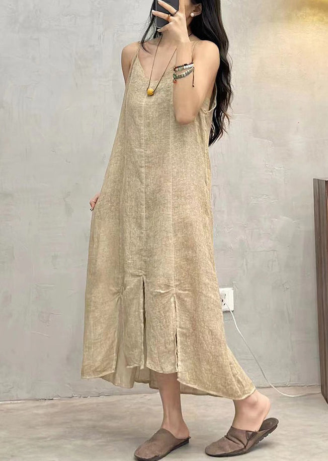 Loose Apricot V Neck Solid Linen Spaghetti Strap Dress Sleeveless