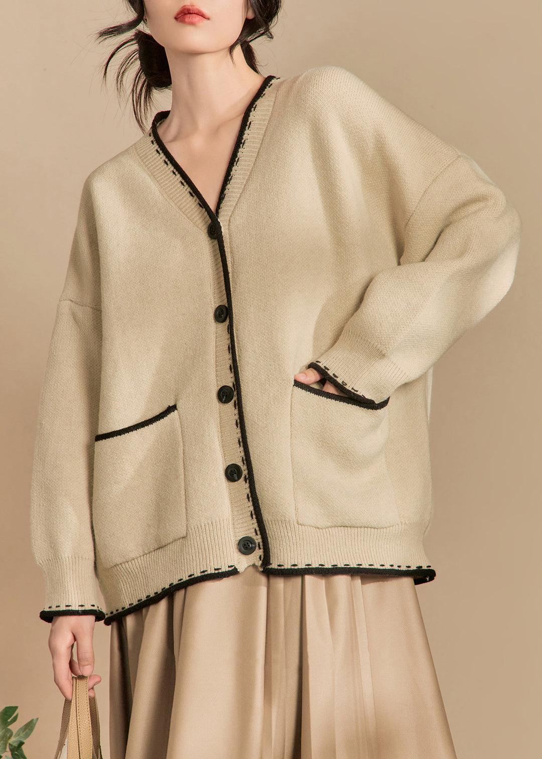 Loose Beige Button Pockets Cotton Knit Cardigan Winter