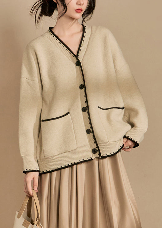 Loose Beige Button Pockets Cotton Knit Cardigan Winter