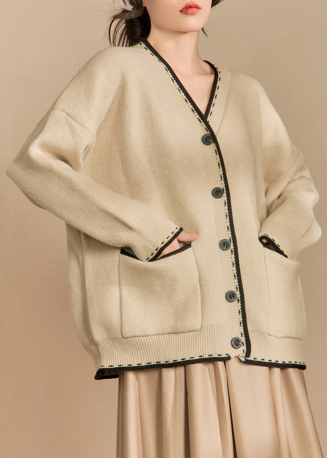 Loose Beige Button Pockets Cotton Knit Cardigan Winter