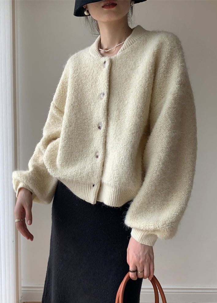 Loose Beige Button Solid Thick Wool Knit Coats Winter