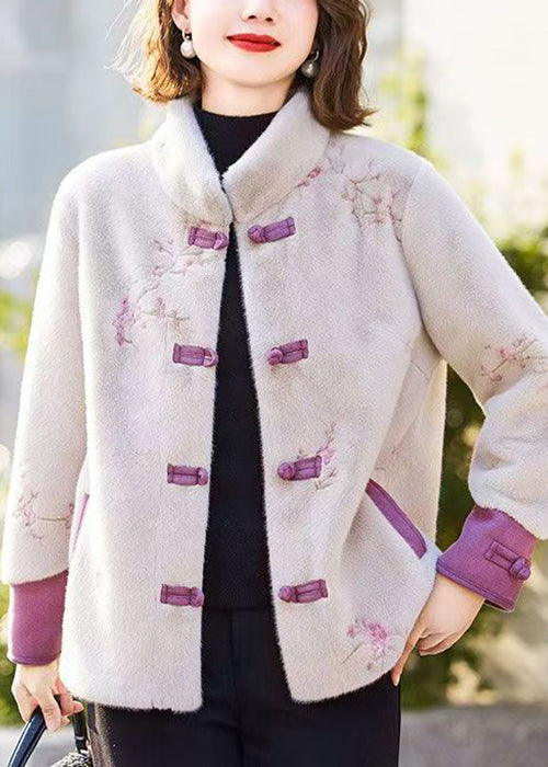 Loose Beige Embroidered Button Mink Velvet Coat Spring