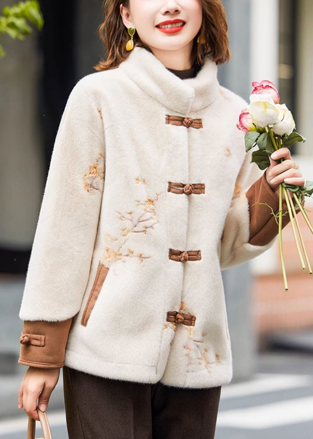 Loose Beige Embroidered Button Mink Velvet Coat Spring