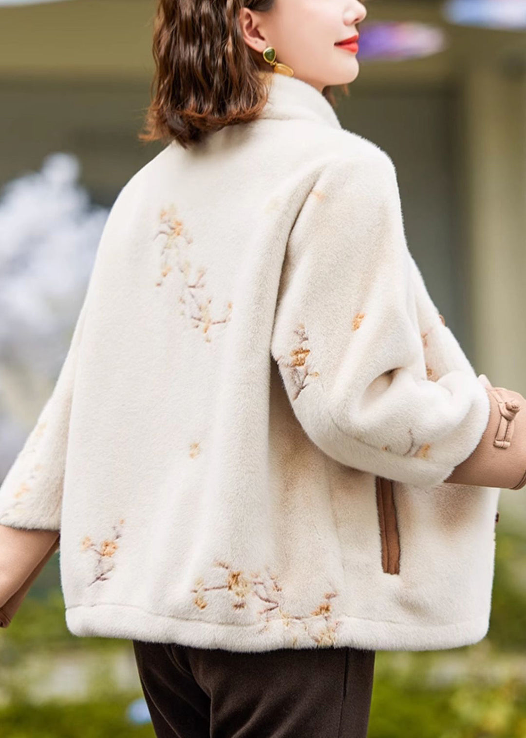 Loose Beige Embroidered Button Mink Velvet Coat Spring