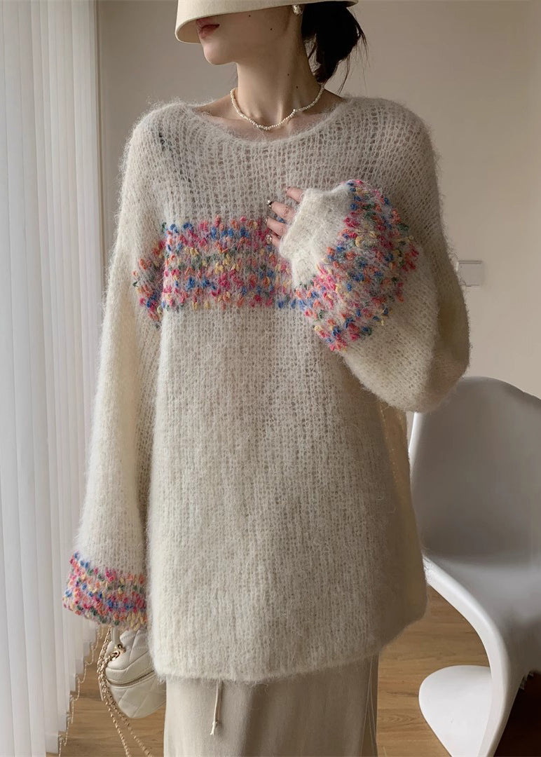 Loose Beige O Neck Hollow Out Knit Sweaters Winter