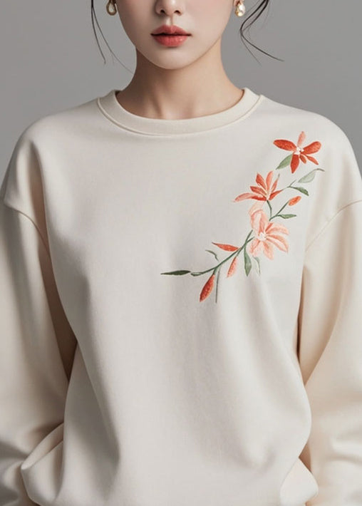 Loose Beige O Neck Print Cotton Sweatshirts Fall