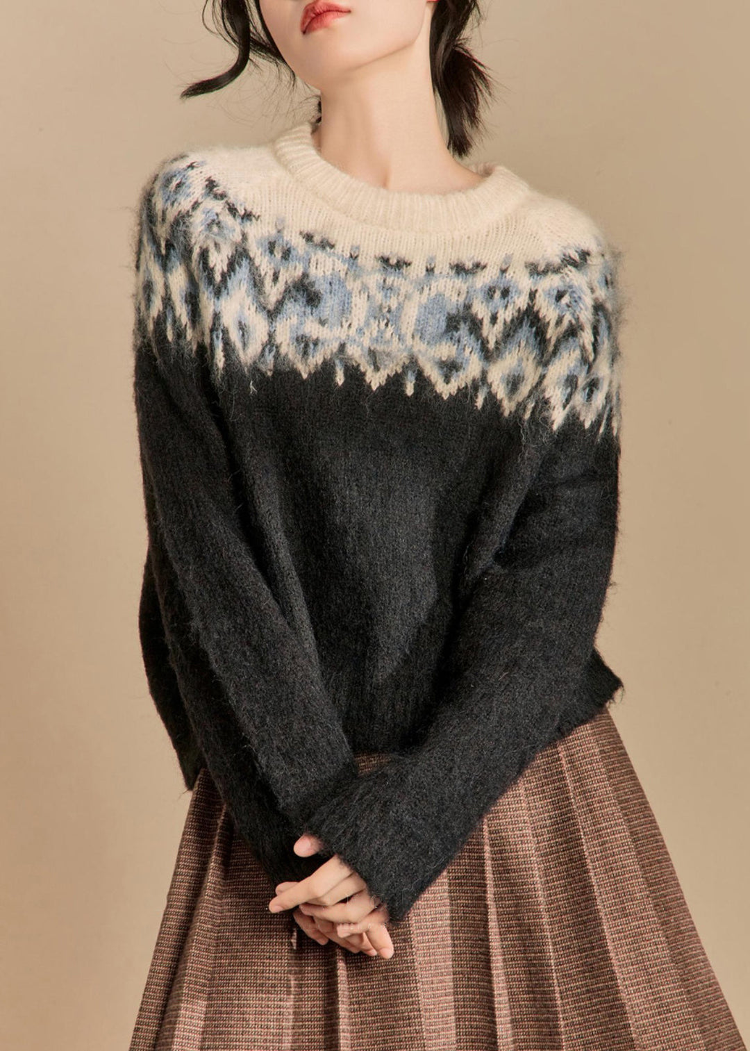 Loose Beige O Neck Thick Patchwork Cotton Knit Sweater Winter