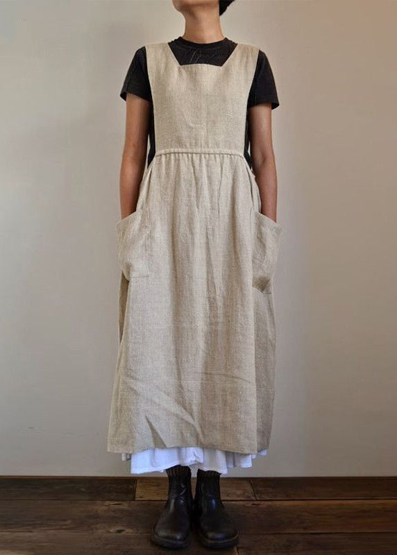 Loose Beige Pockets High Waist Linen Dress Sleeveless