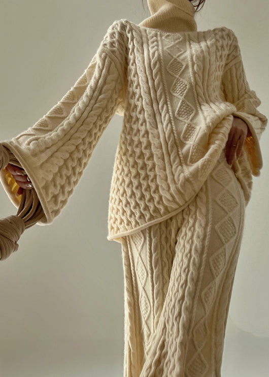 Loose Beige Turtleneck Cotton Cable Knit Sweater Spring