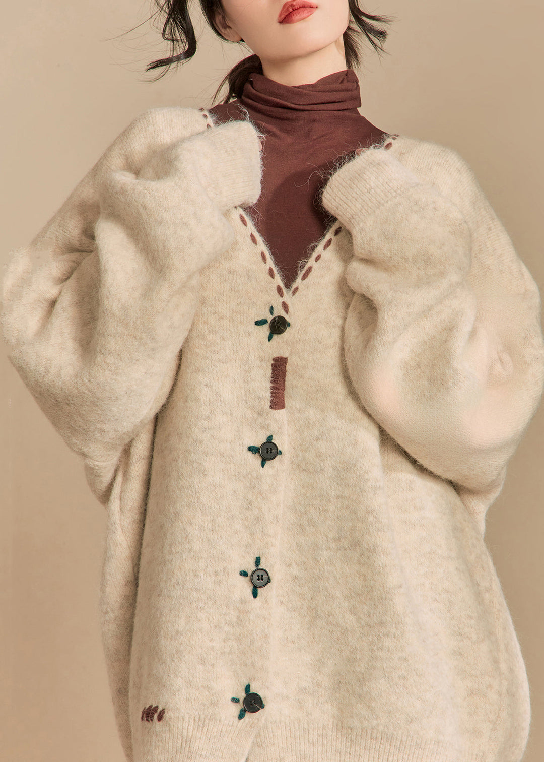 Loose Beige V Neck Button Woolen Coats Winter