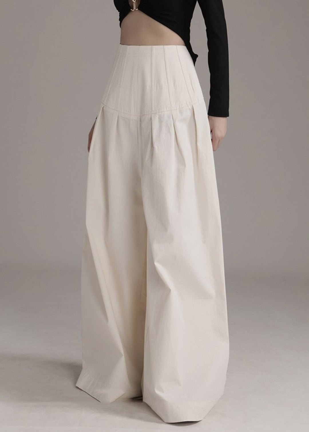 Loose Beige Zippered High Waist Cotton Wide Leg Pants Spring