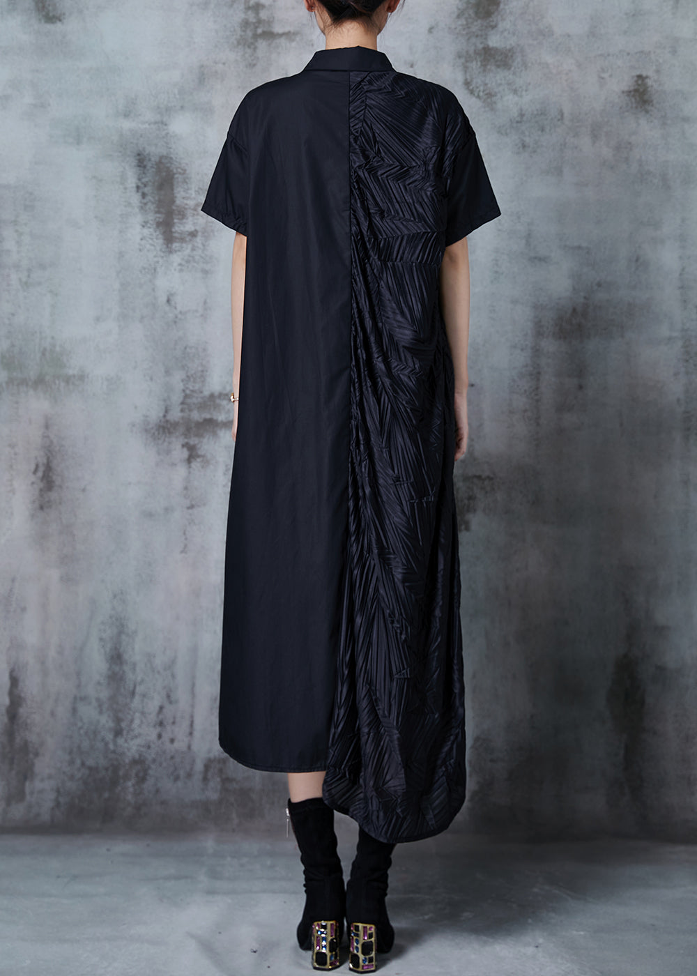 Loose Black Asymmetrical Patchwork Wrinkled Cotton Dress Summer