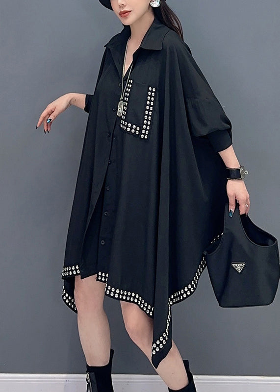 Loose Black Asymmetrical Rivet Patchwork Cotton Shirts Batwing Sleeve