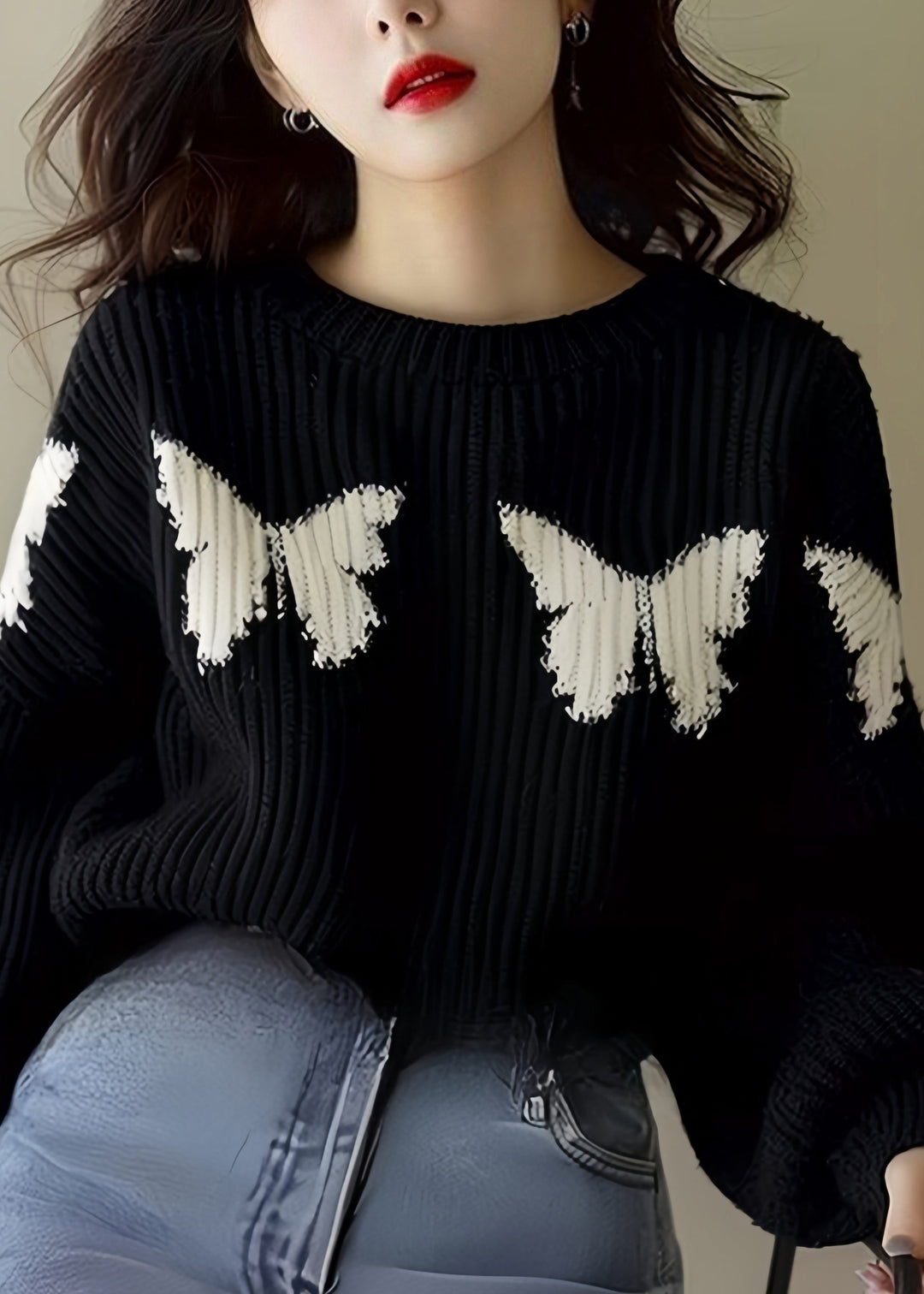 Loose Black Butterfly Print Knit Sweater Winter