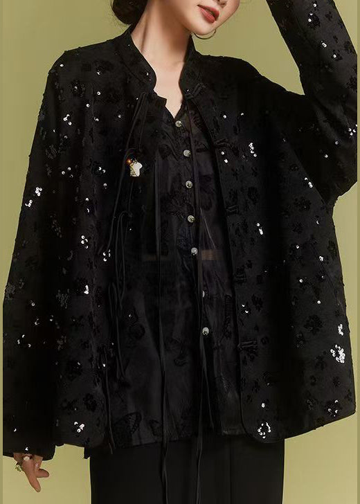 Loose Black Chinese Button Sequins Coats Fall