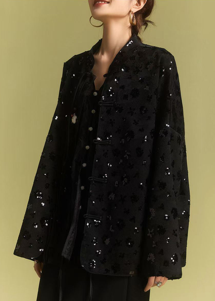 Loose Black Chinese Button Sequins Coats Fall