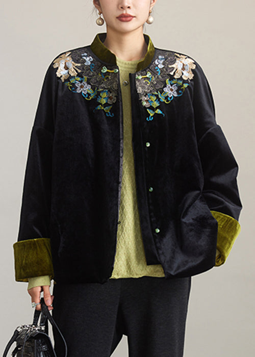 Loose Black Embroidered Button Cotton Filled Coat Winter