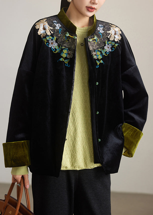 Loose Black Embroidered Button Cotton Filled Coat Winter