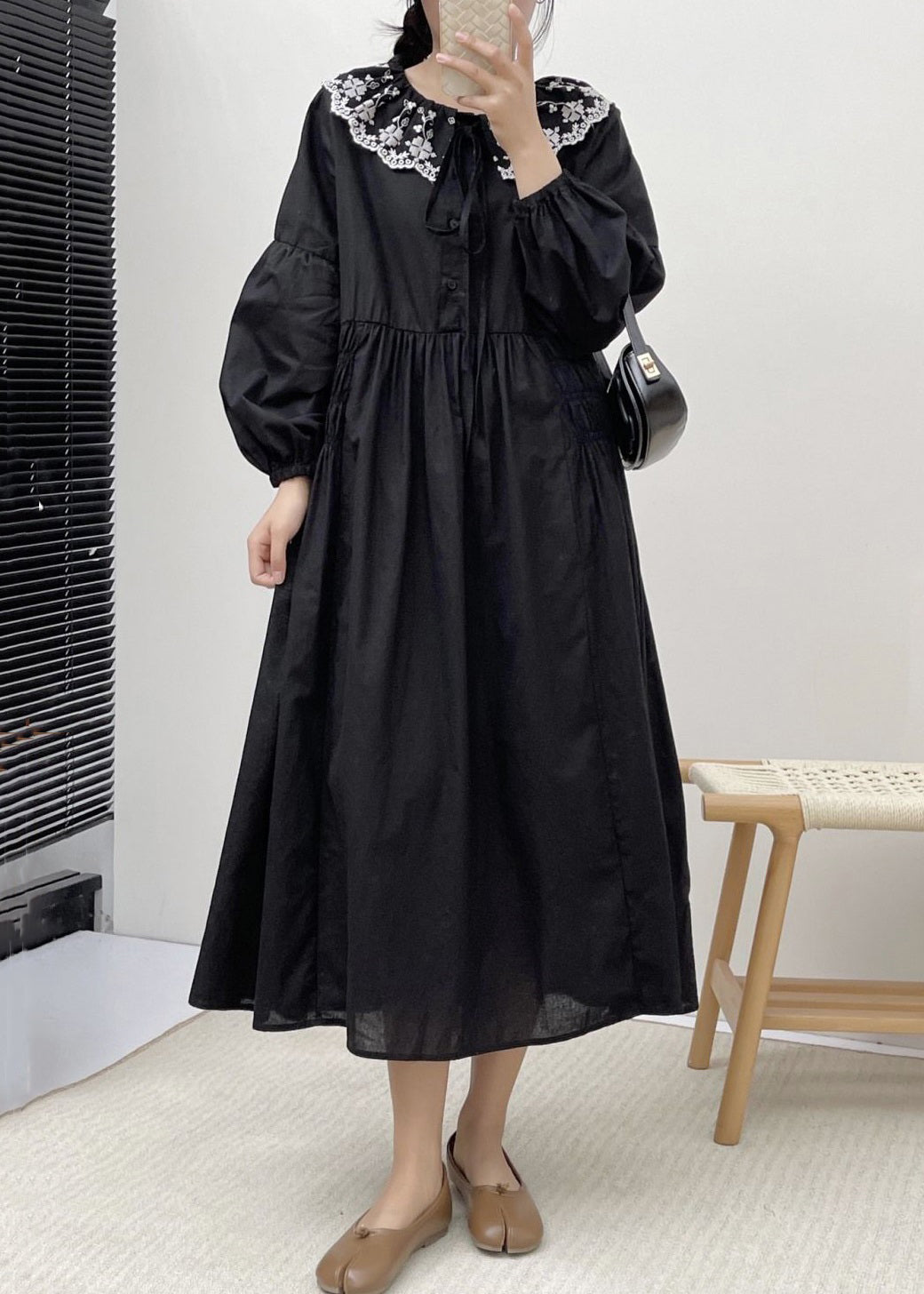 Loose Black Embroidered Lace Up Cotton Dress Spring