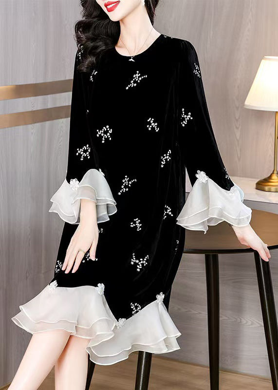 Loose Black Embroidered Patchwork Silk Velvet Dress Flare Sleeve