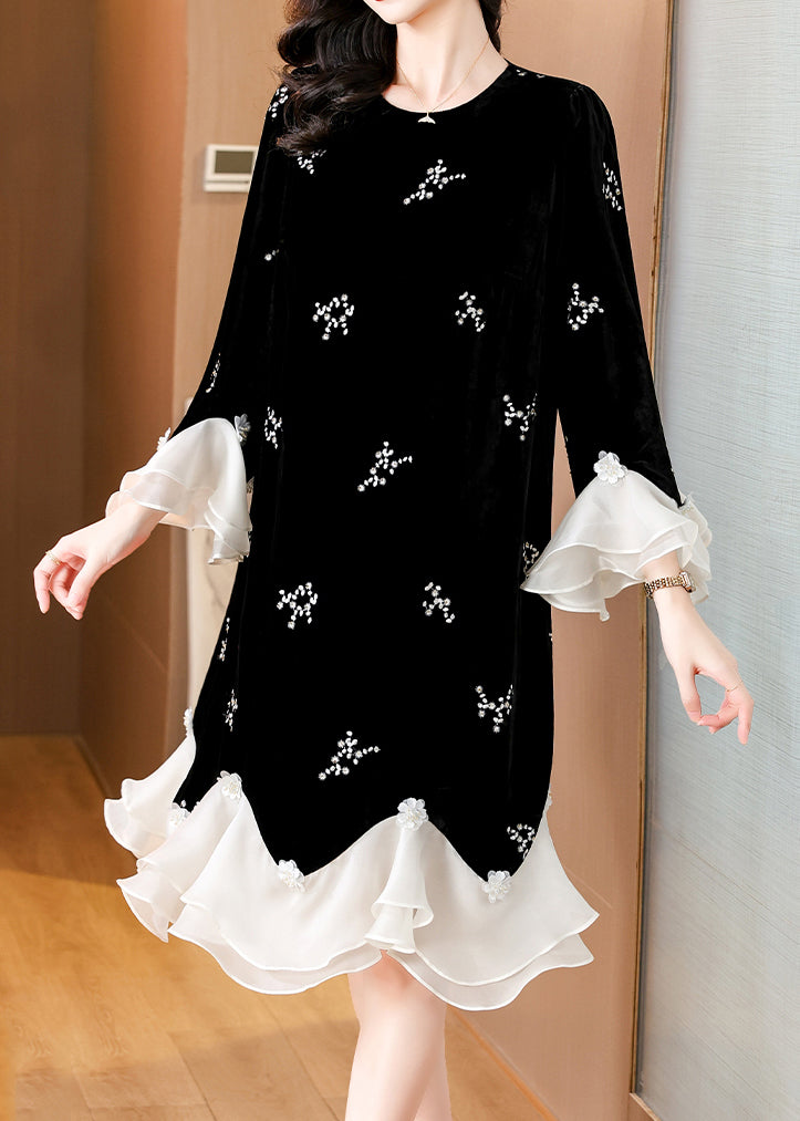 Loose Black Embroidered Patchwork Silk Velvet Dress Flare Sleeve