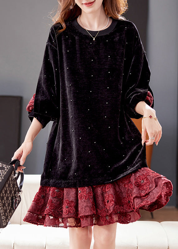 Loose Black Nail Bead Lace Patchwork Silk Velvet Dress Winter