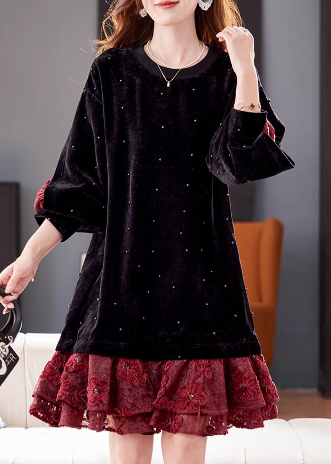 Loose Black Nail Bead Lace Patchwork Silk Velvet Dress Winter