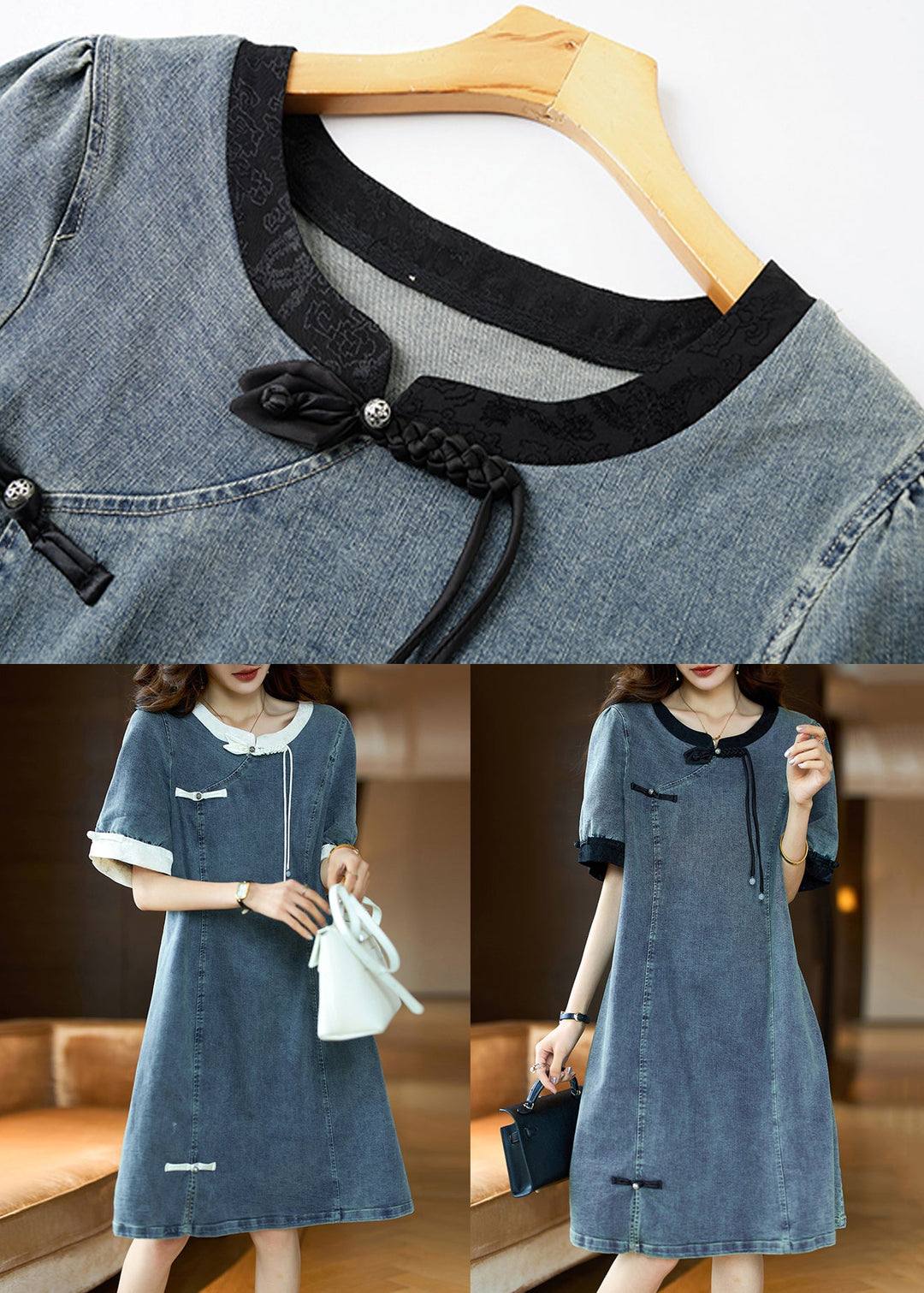 Loose Black O Neck Button Patchwork Denim Dress Summer