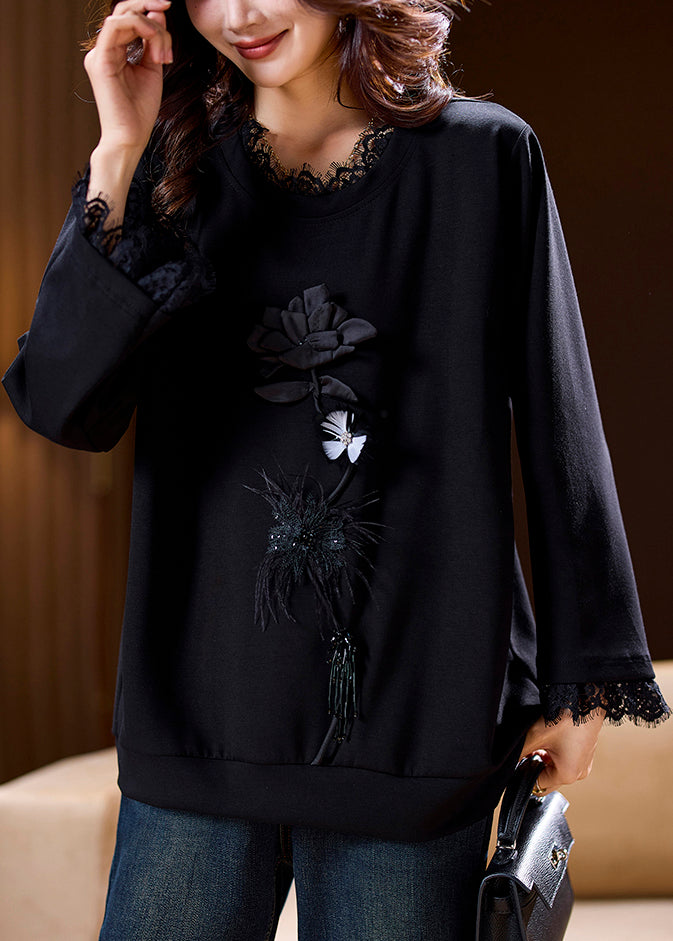 Loose Black O-Neck Lace Patchwork Cotton T Shirt Spring