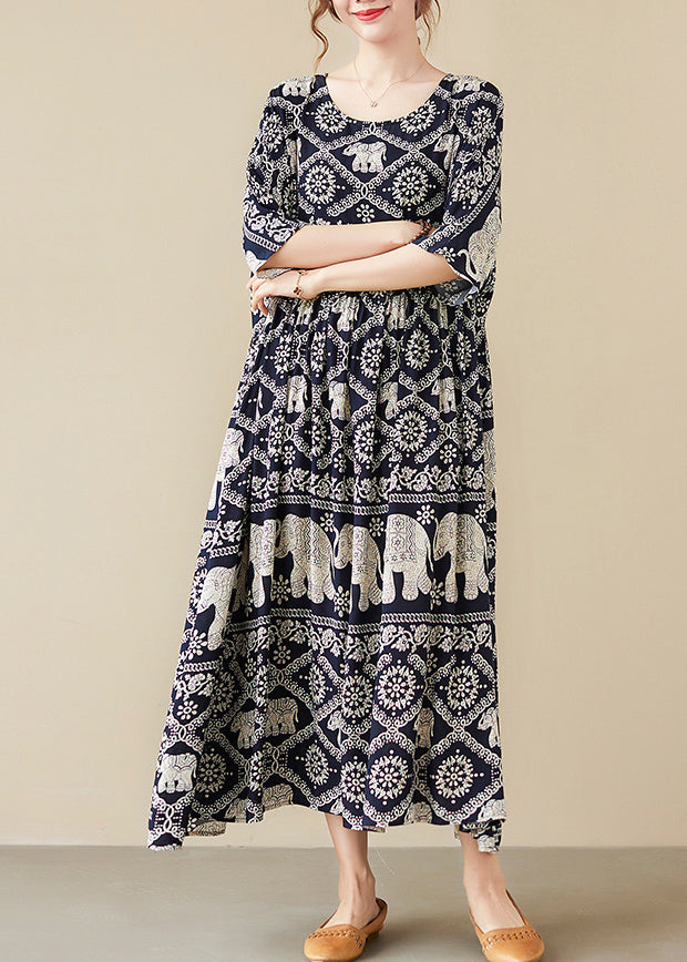 Loose Black O-Neck Print Maxi Dress Half Sleeve