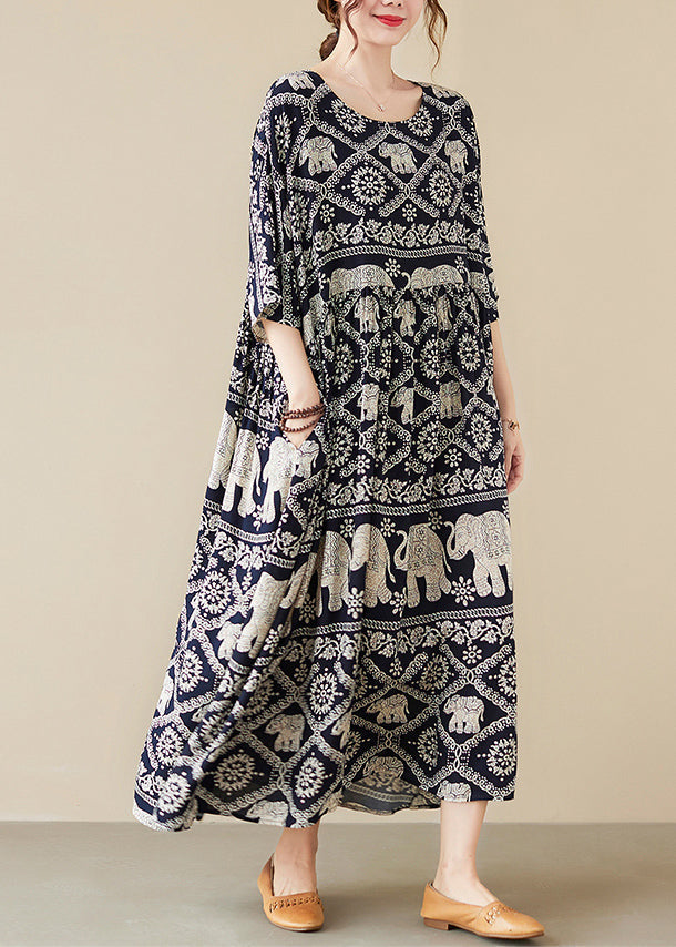 Loose Black O-Neck Print Maxi Dress Half Sleeve